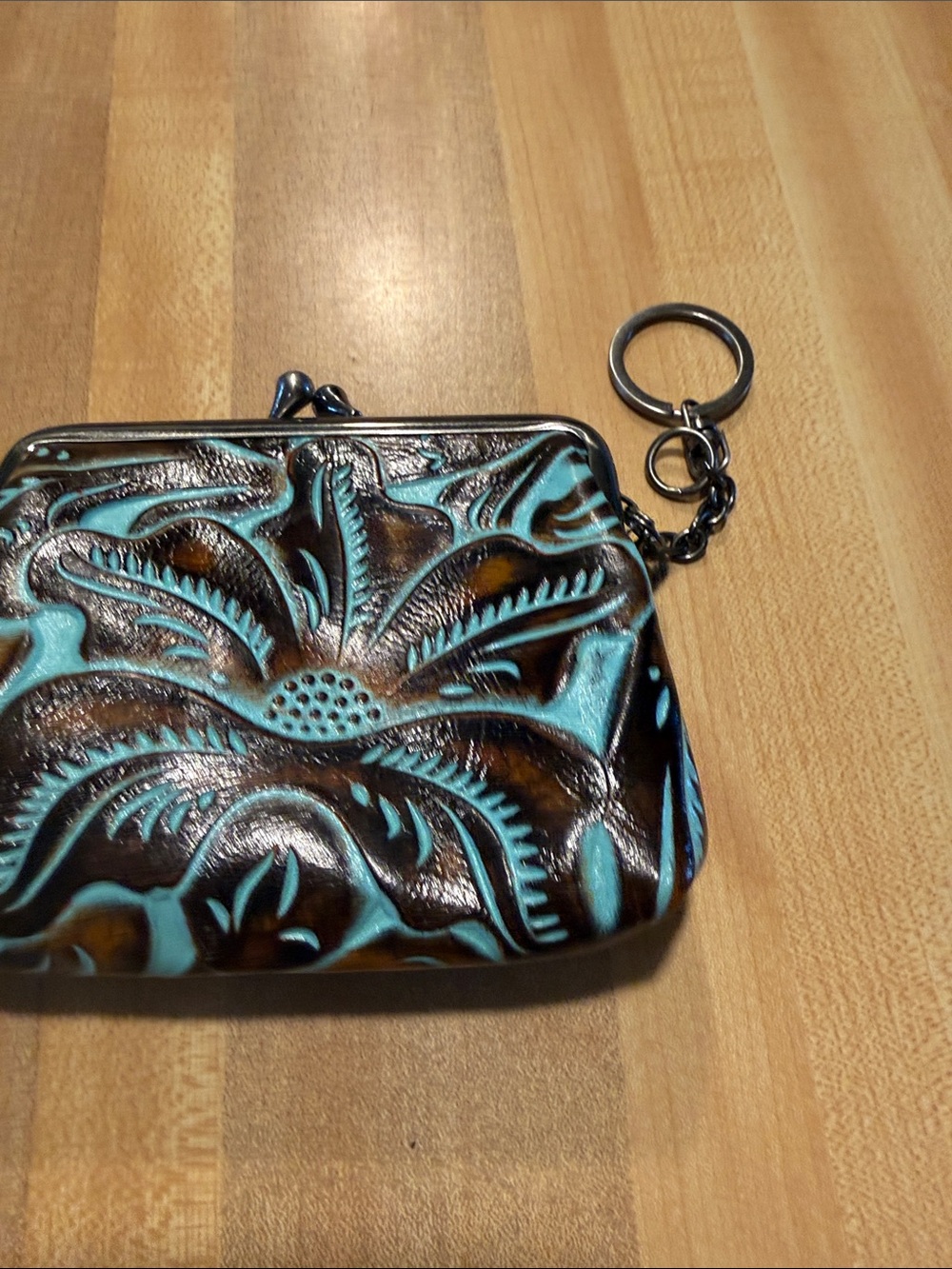 Patricia Nash Turquoise and Brown Floral Embossed Coin Purse with Keyring - Picture 3 of 4